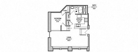 Floor plan for 1 bed, 1 bath, 592 sqft
